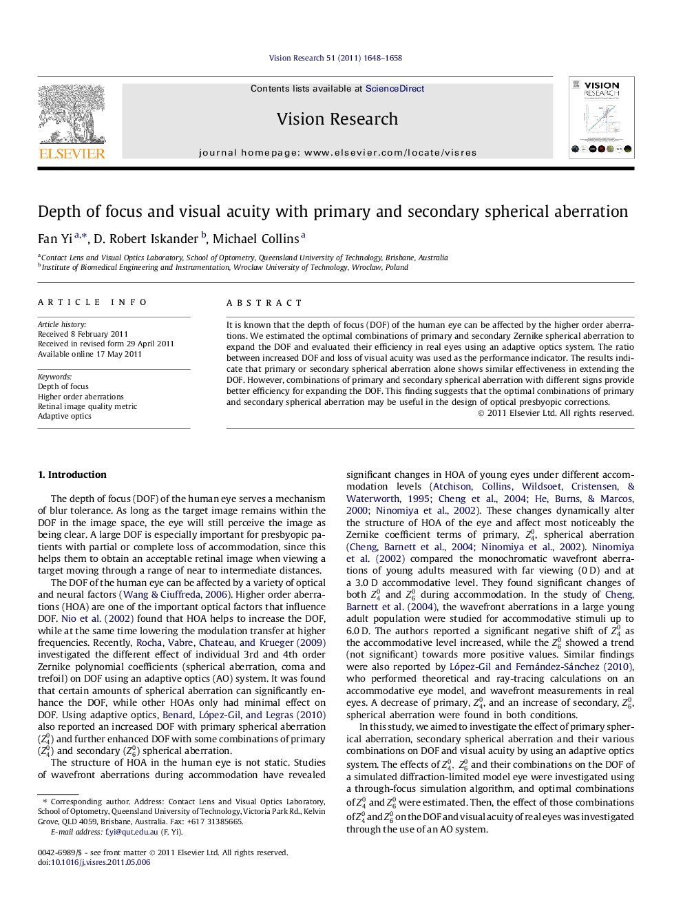 Depth of focus and visual acuity with primary and secondary spherical aberration