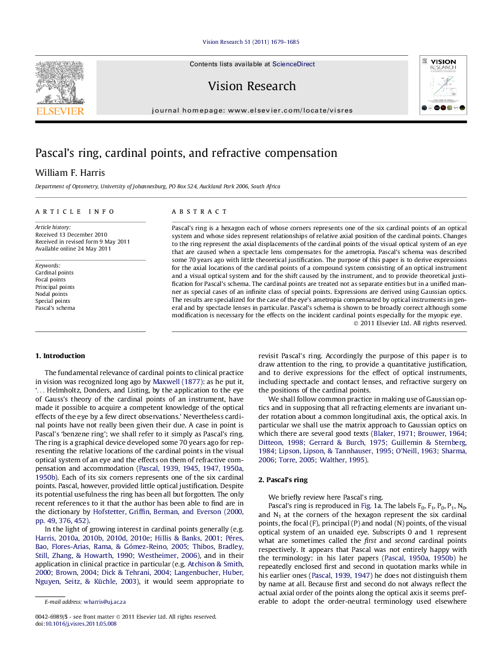 Pascal’s ring, cardinal points, and refractive compensation