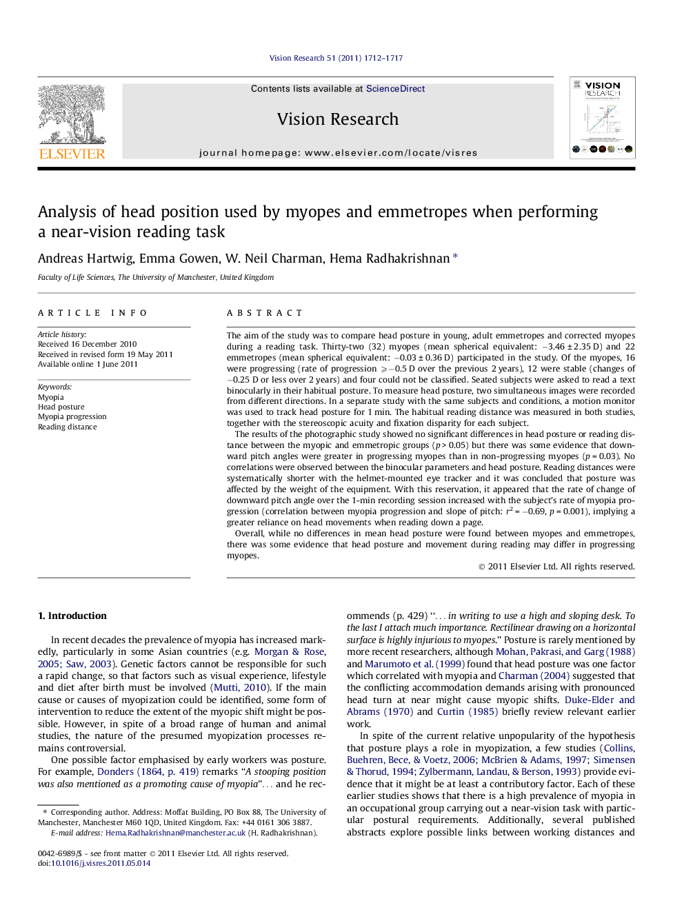 Analysis of head position used by myopes and emmetropes when performing a near-vision reading task