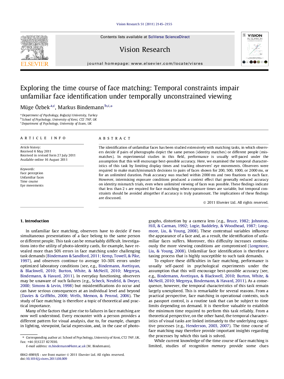 Exploring the time course of face matching: Temporal constraints impair unfamiliar face identification under temporally unconstrained viewing