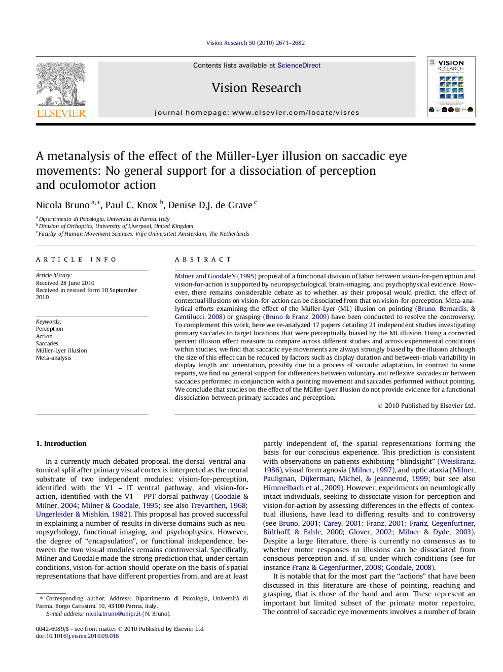 A metanalysis of the effect of the Müller-Lyer illusion on saccadic eye movements: No general support for a dissociation of perception and oculomotor action