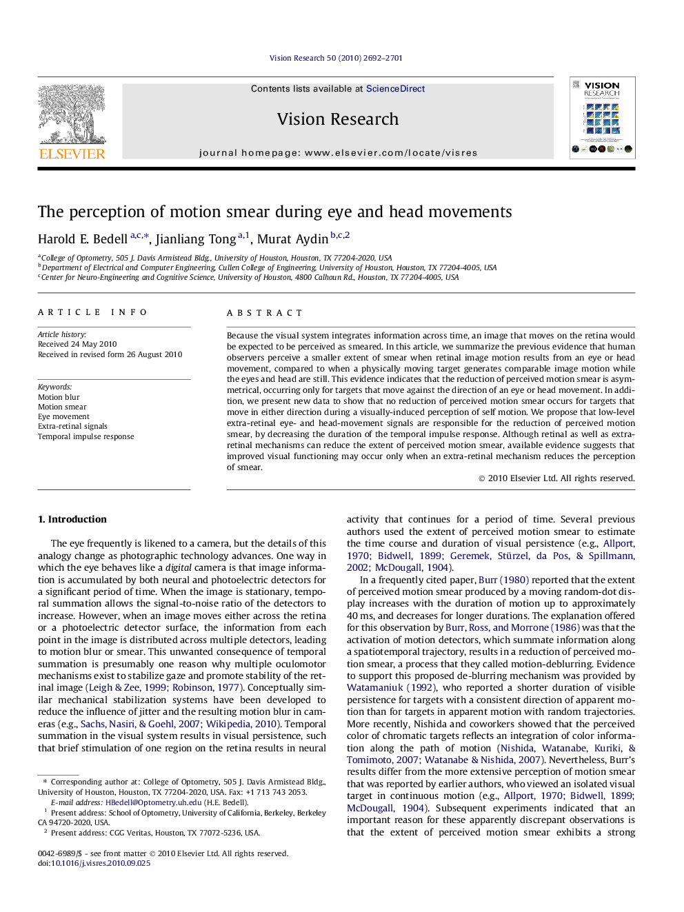 The perception of motion smear during eye and head movements