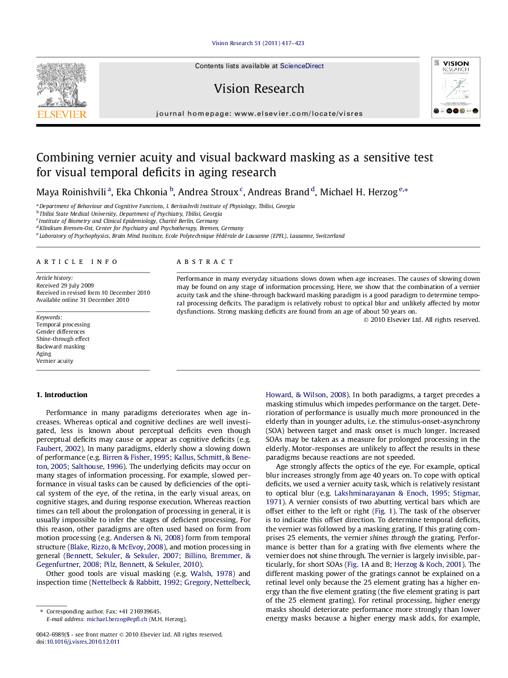 Combining vernier acuity and visual backward masking as a sensitive test for visual temporal deficits in aging research