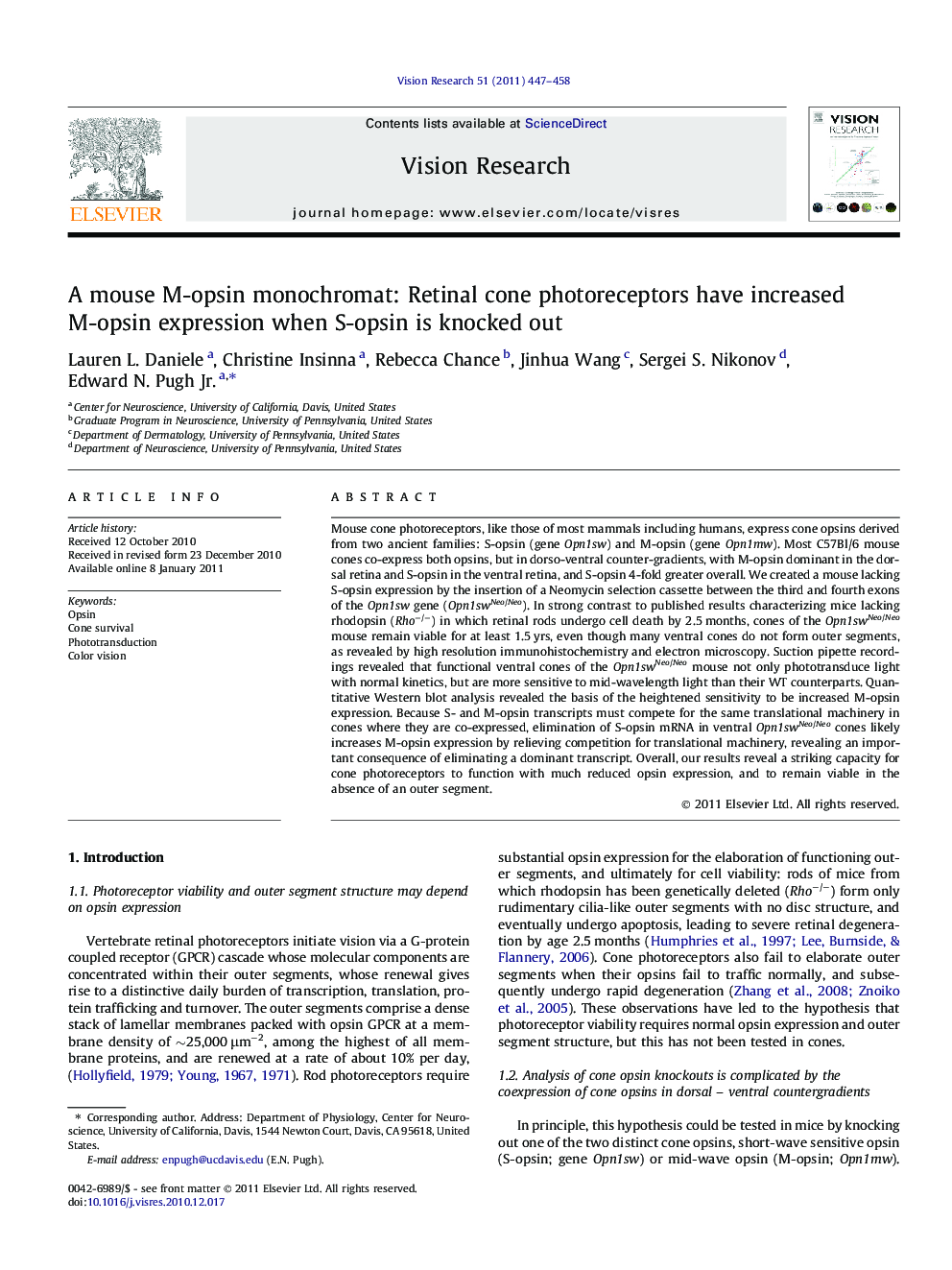 A mouse M-opsin monochromat: Retinal cone photoreceptors have increased M-opsin expression when S-opsin is knocked out