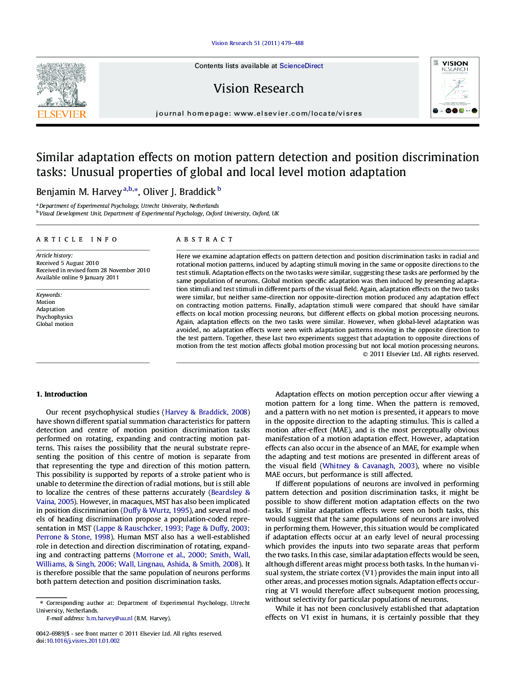 Similar adaptation effects on motion pattern detection and position discrimination tasks: Unusual properties of global and local level motion adaptation