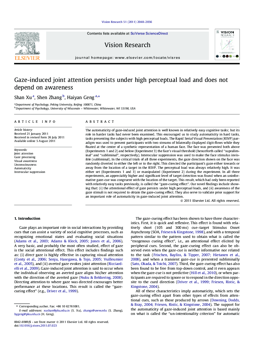 Gaze-induced joint attention persists under high perceptual load and does not depend on awareness