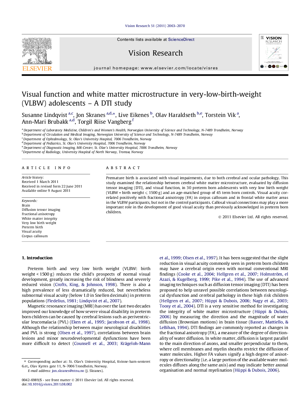 Visual function and white matter microstructure in very-low-birth-weight (VLBW) adolescents – A DTI study