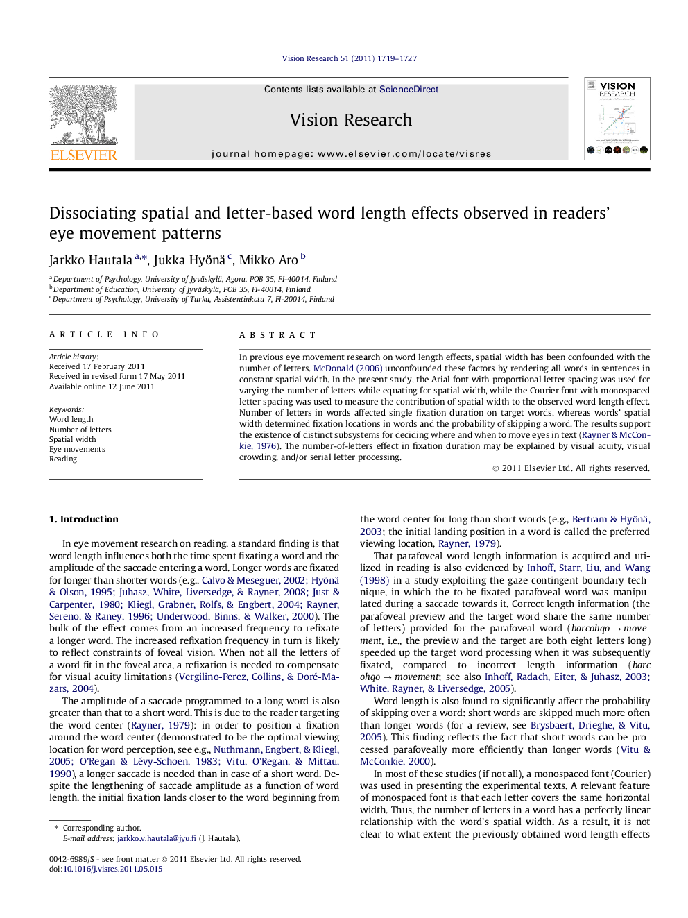 Dissociating spatial and letter-based word length effects observed in readers’ eye movement patterns