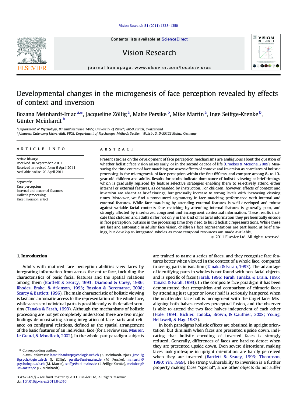 Developmental changes in the microgenesis of face perception revealed by effects of context and inversion