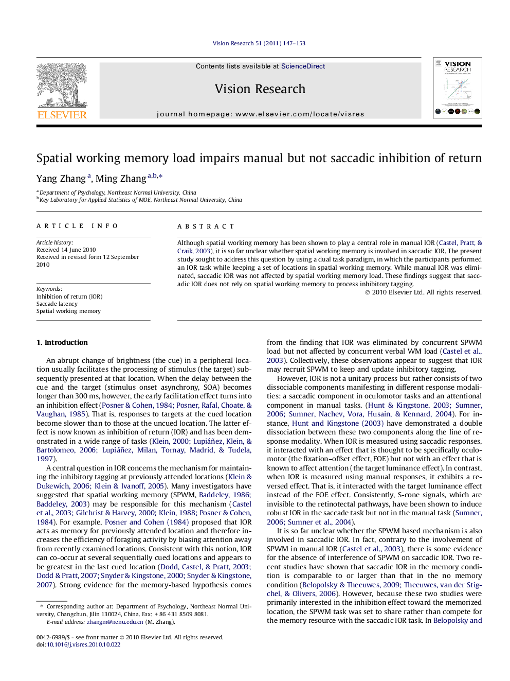 Spatial working memory load impairs manual but not saccadic inhibition of return