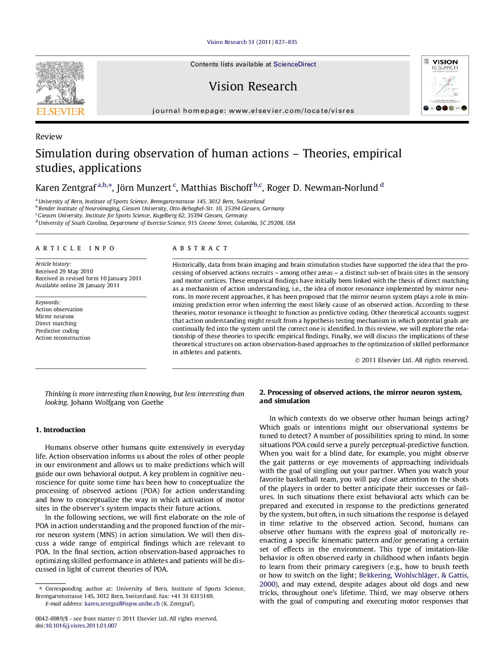 Simulation during observation of human actions – Theories, empirical studies, applications