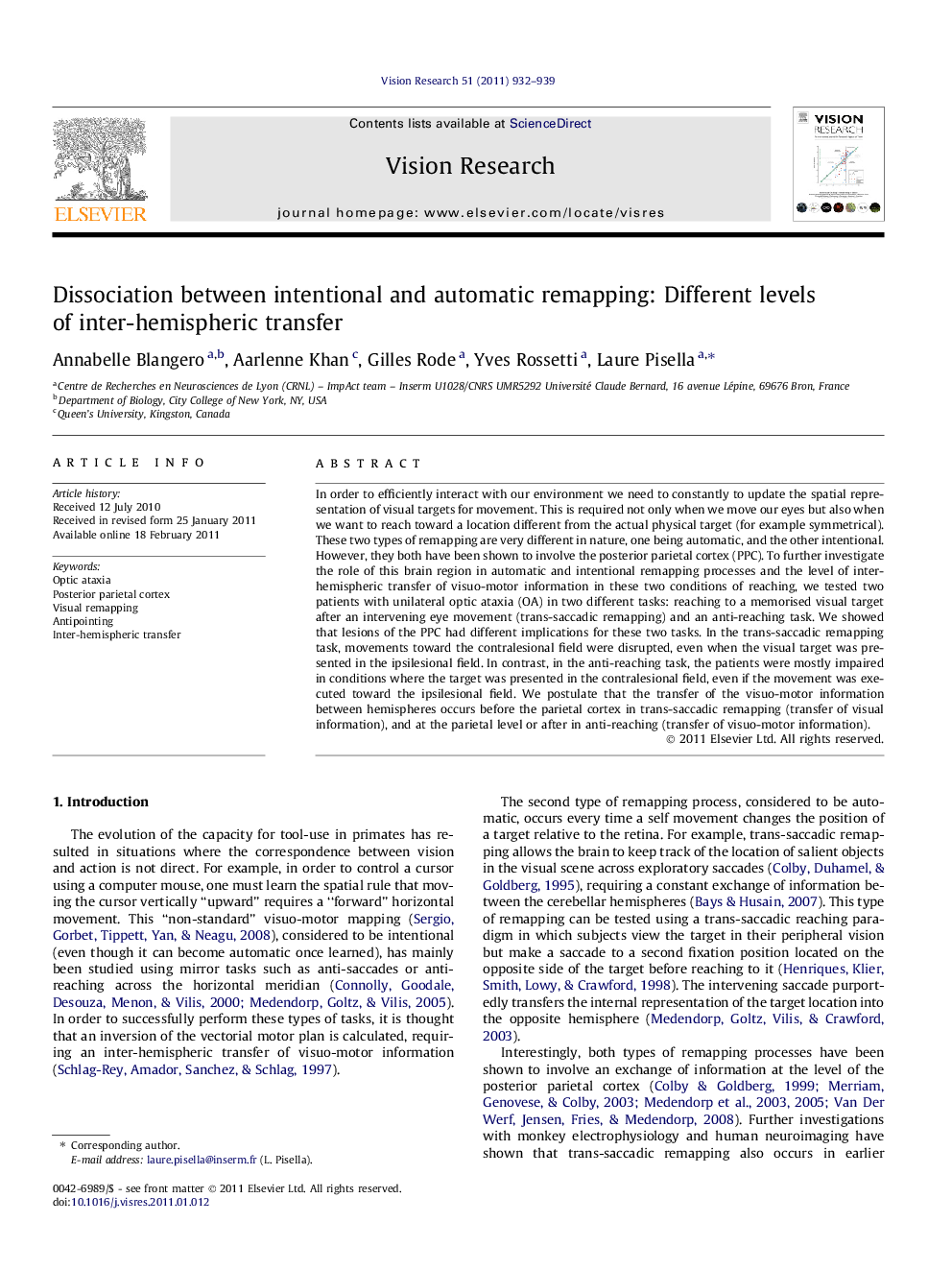 Dissociation between intentional and automatic remapping: Different levels of inter-hemispheric transfer