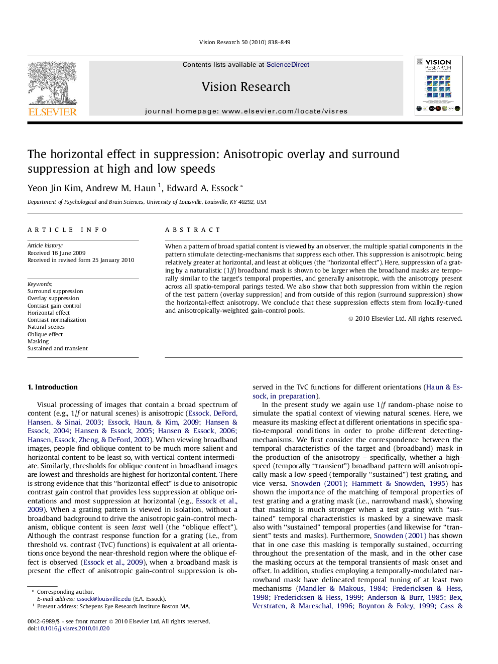 The horizontal effect in suppression: Anisotropic overlay and surround suppression at high and low speeds