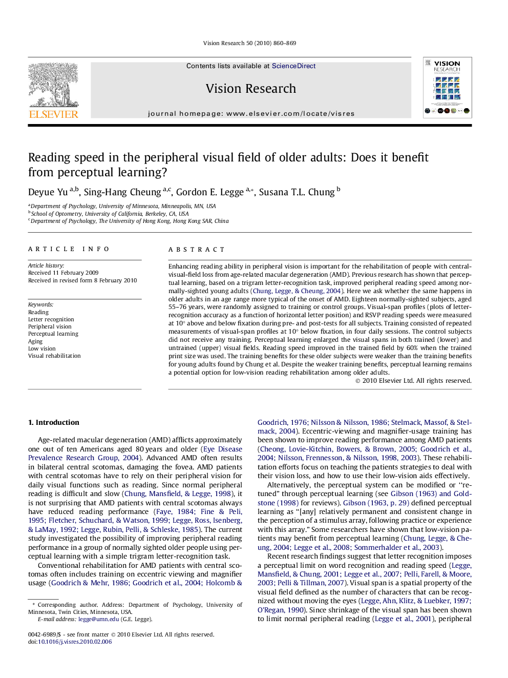 Reading speed in the peripheral visual field of older adults: Does it benefit from perceptual learning?