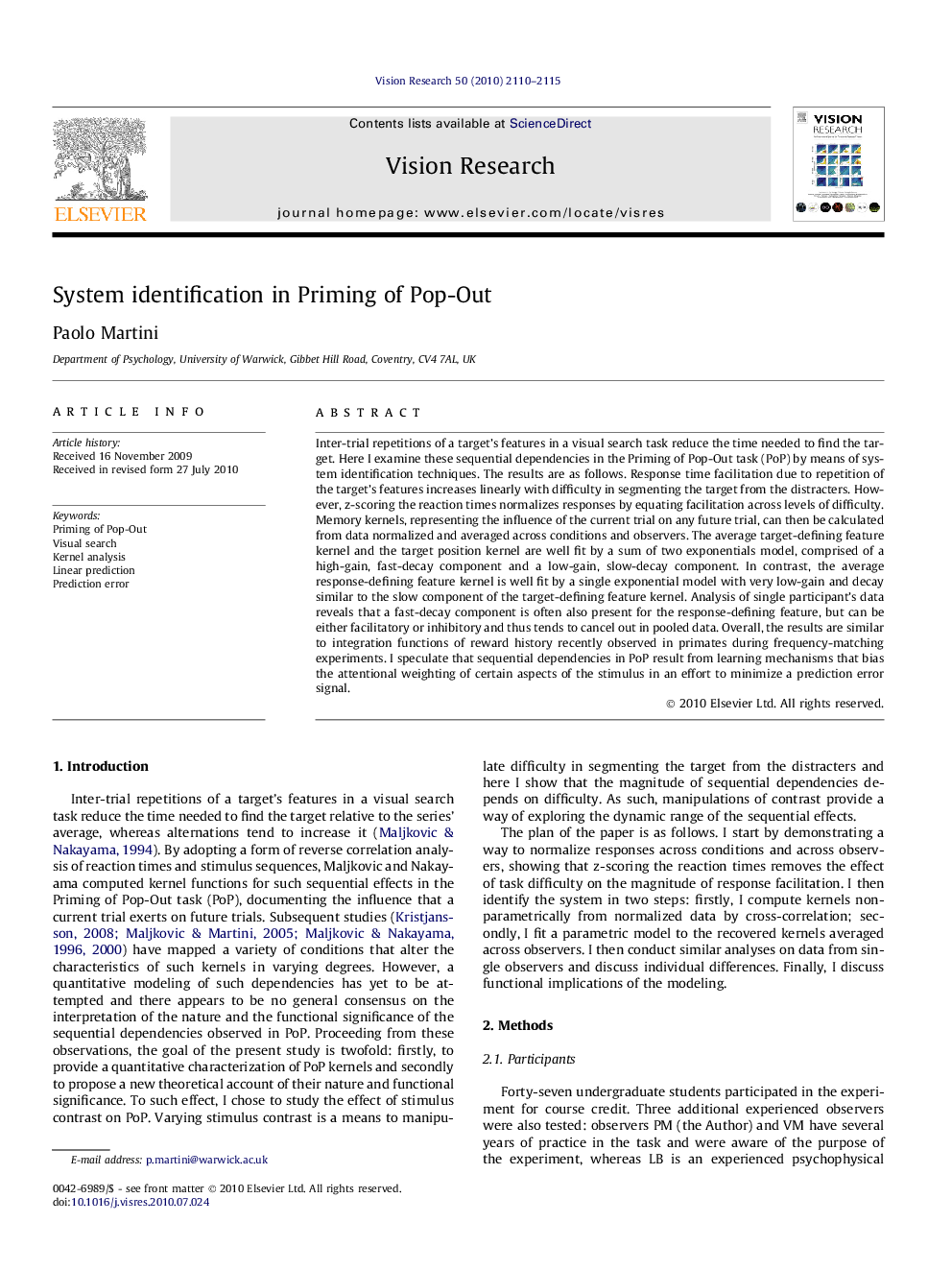 System identification in Priming of Pop-Out