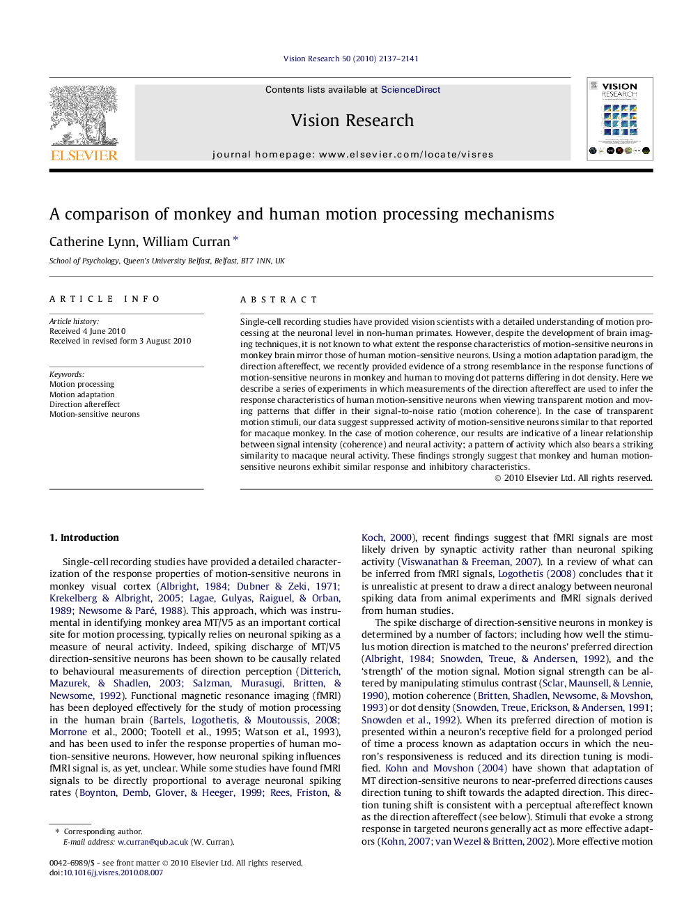 A comparison of monkey and human motion processing mechanisms