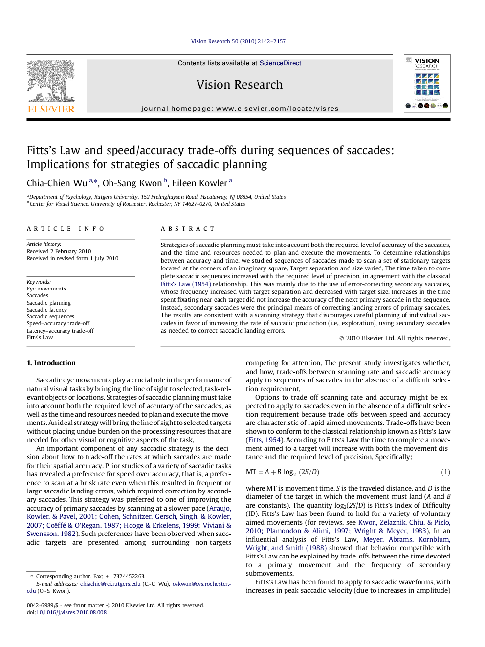 Fitts’s Law and speed/accuracy trade-offs during sequences of saccades: Implications for strategies of saccadic planning