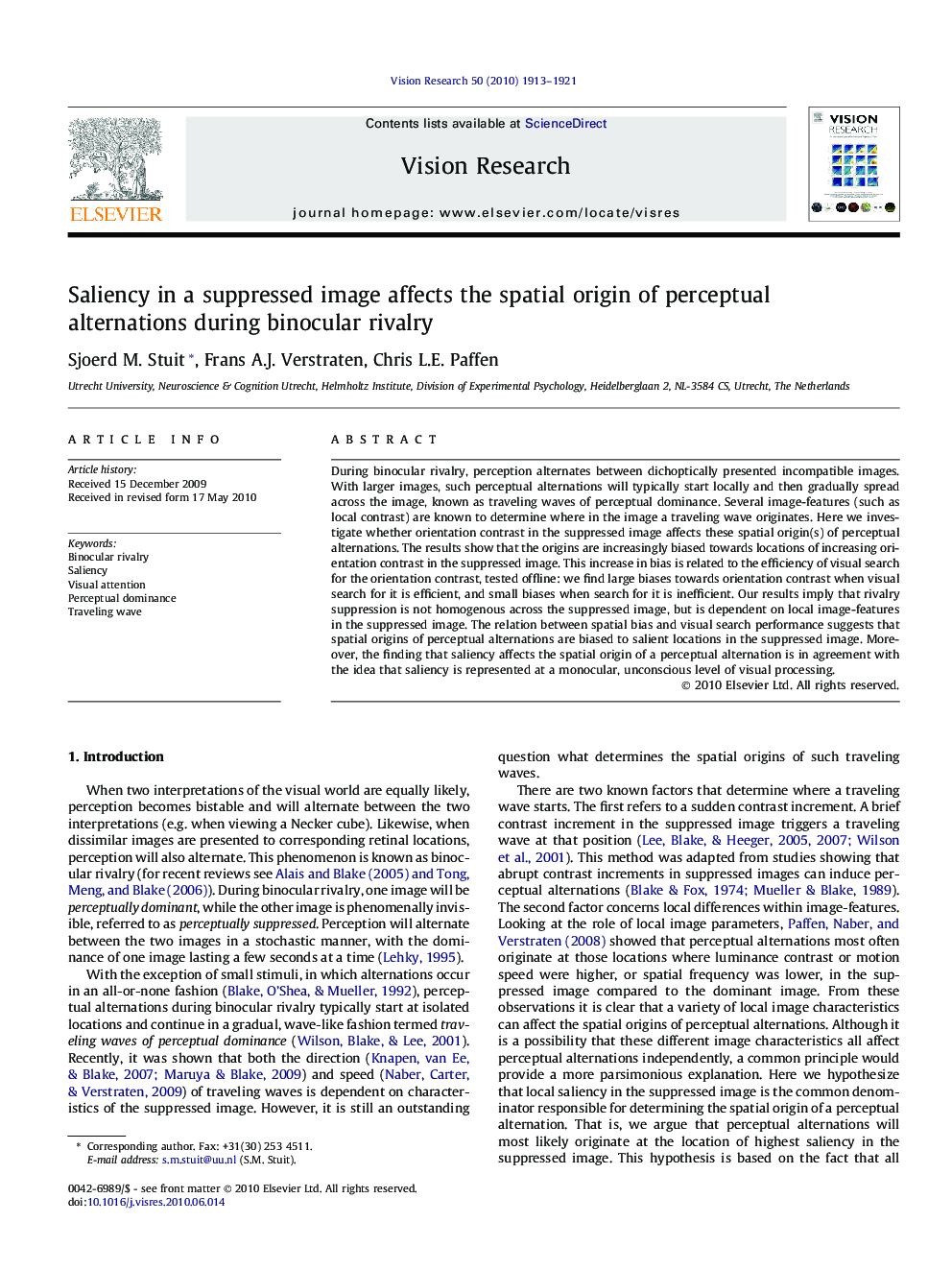 Saliency in a suppressed image affects the spatial origin of perceptual alternations during binocular rivalry