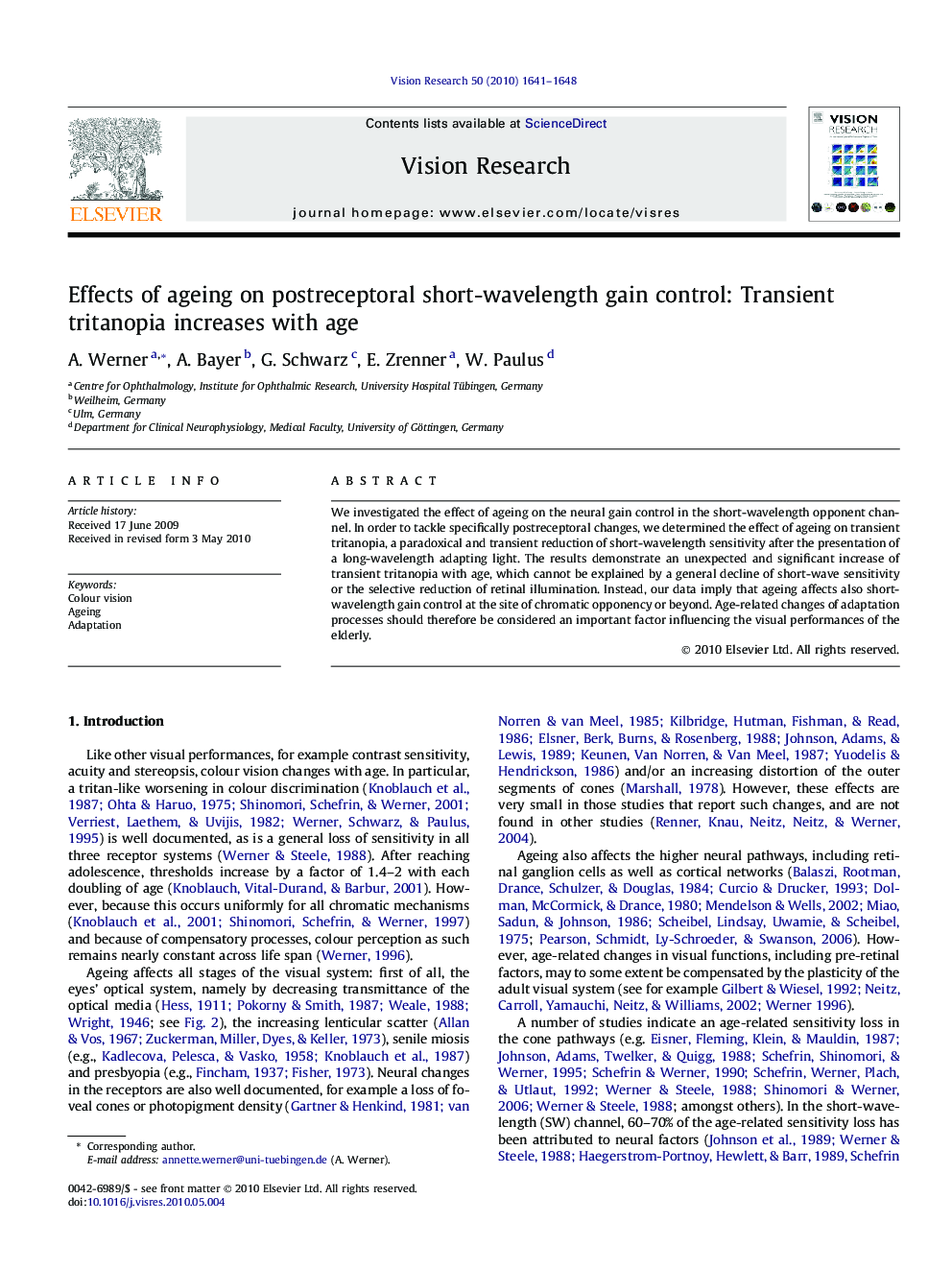 Effects of ageing on postreceptoral short-wavelength gain control: Transient tritanopia increases with age