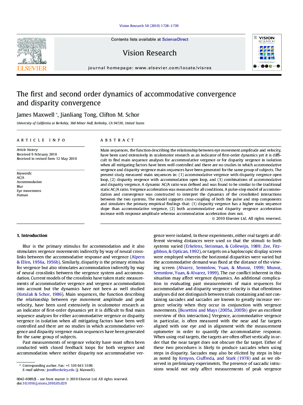 The first and second order dynamics of accommodative convergence and disparity convergence