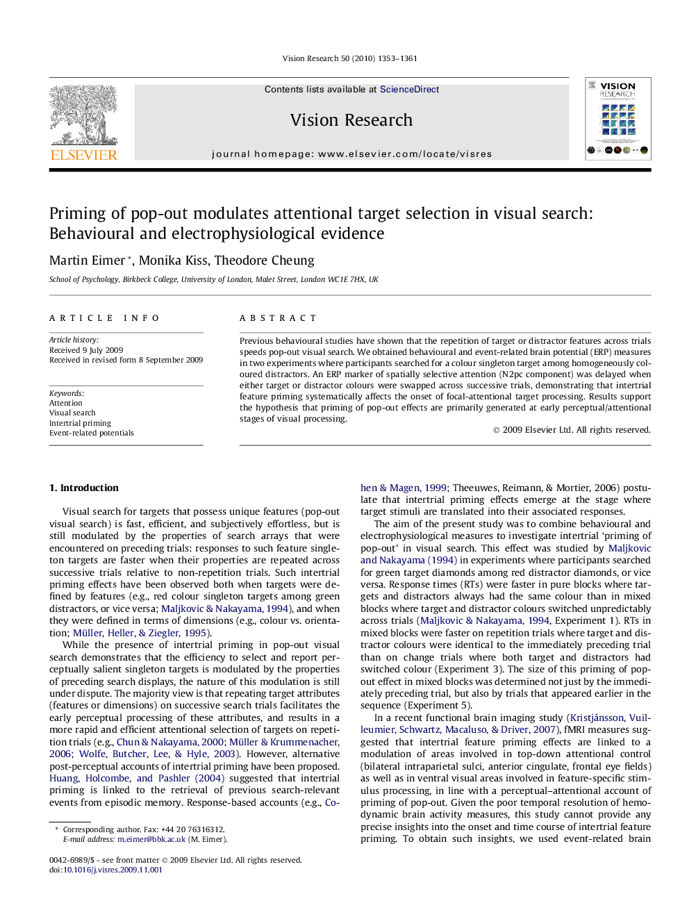 Priming of pop-out modulates attentional target selection in visual search: Behavioural and electrophysiological evidence