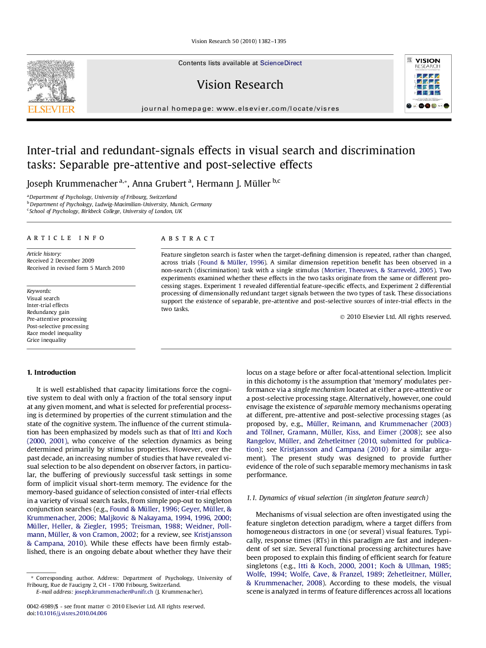 Inter-trial and redundant-signals effects in visual search and discrimination tasks: Separable pre-attentive and post-selective effects