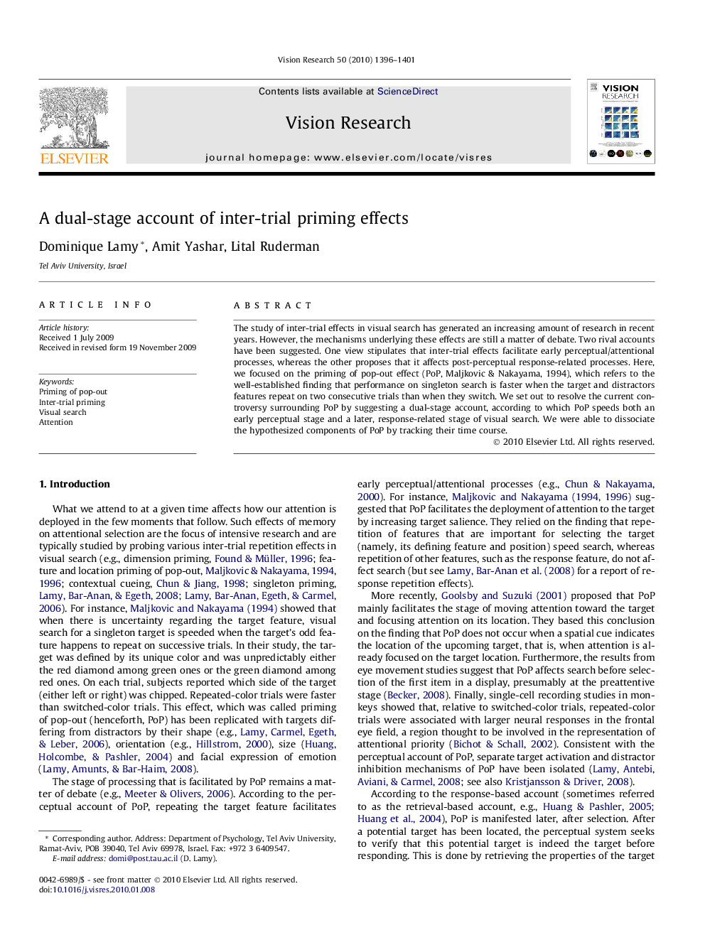 A dual-stage account of inter-trial priming effects