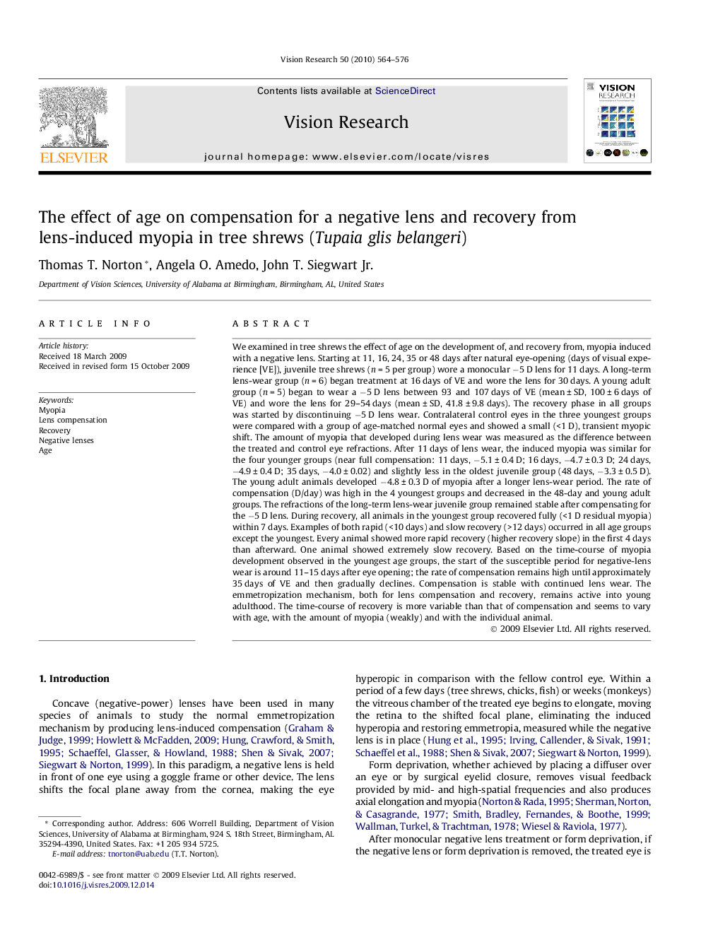 The effect of age on compensation for a negative lens and recovery from lens-induced myopia in tree shrews (Tupaia glis belangeri)