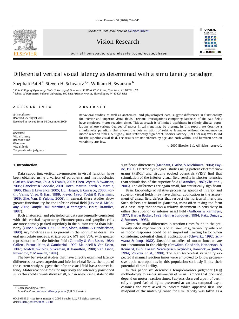 Differential vertical visual latency as determined with a simultaneity paradigm