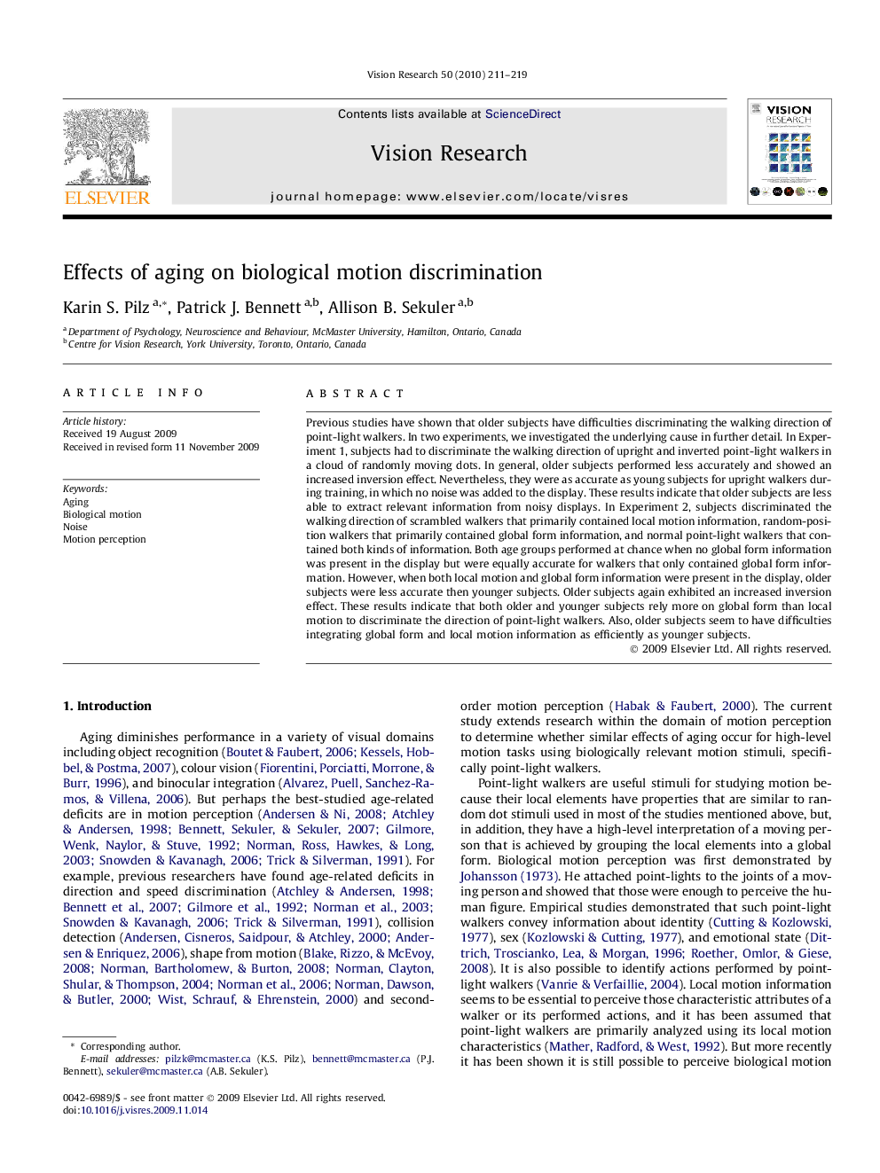 Effects of aging on biological motion discrimination