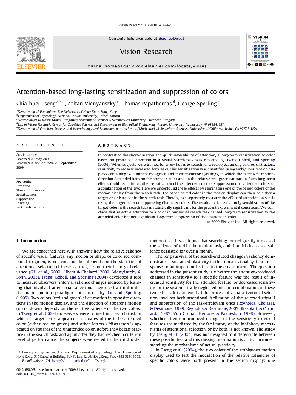 Attention-based long-lasting sensitization and suppression of colors