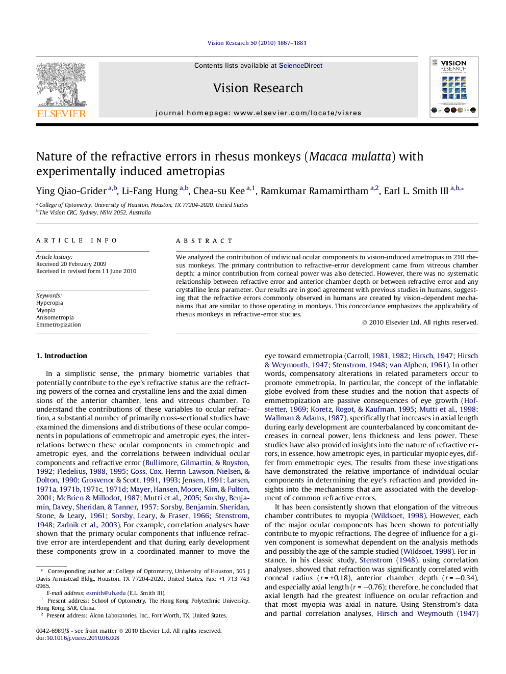 Nature of the refractive errors in rhesus monkeys (Macaca mulatta) with experimentally induced ametropias