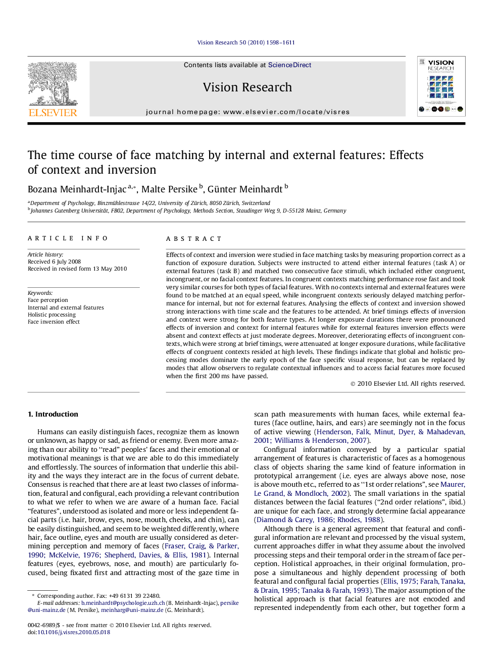 The time course of face matching by internal and external features: Effects of context and inversion