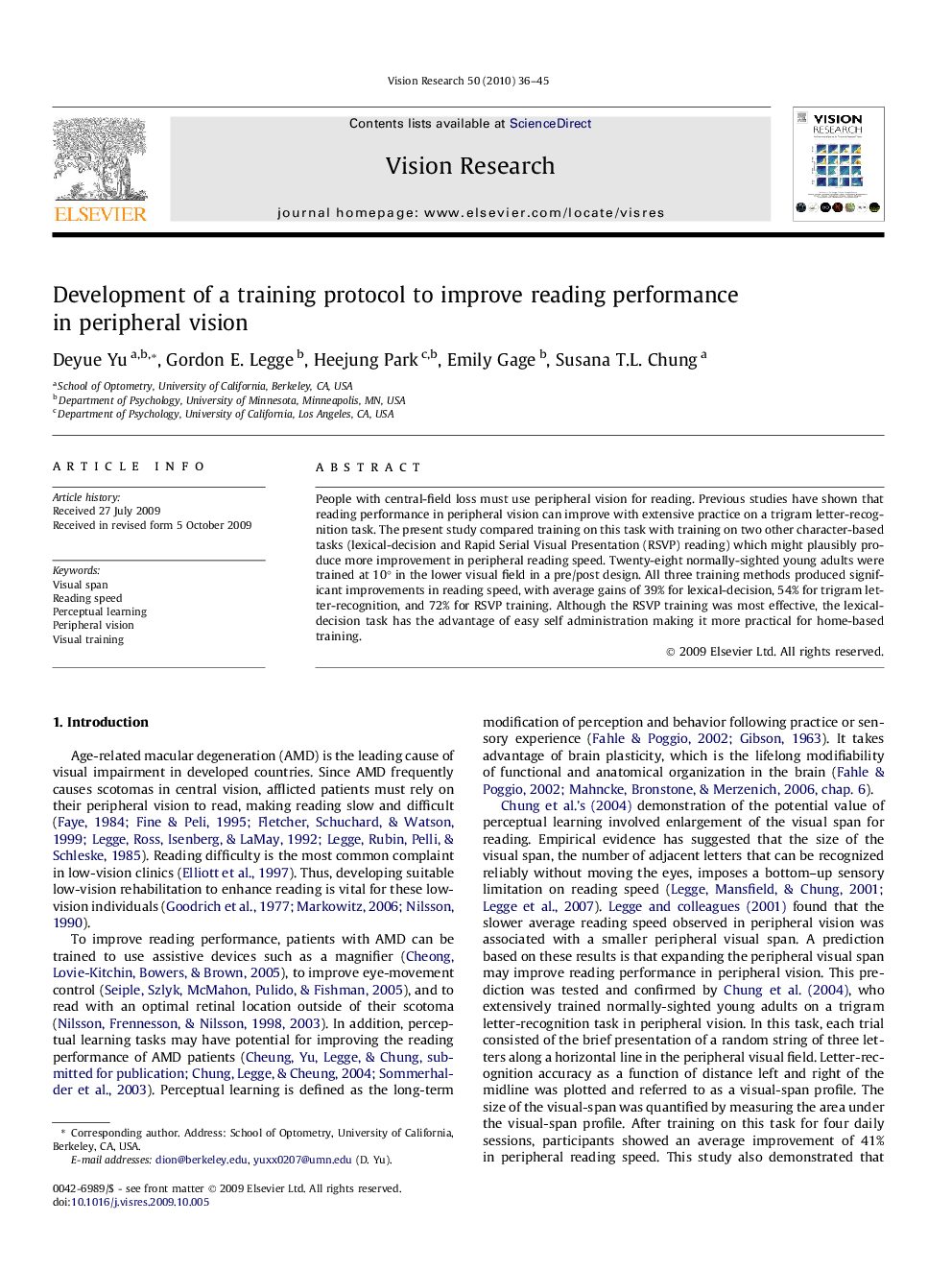 Development of a training protocol to improve reading performance in peripheral vision