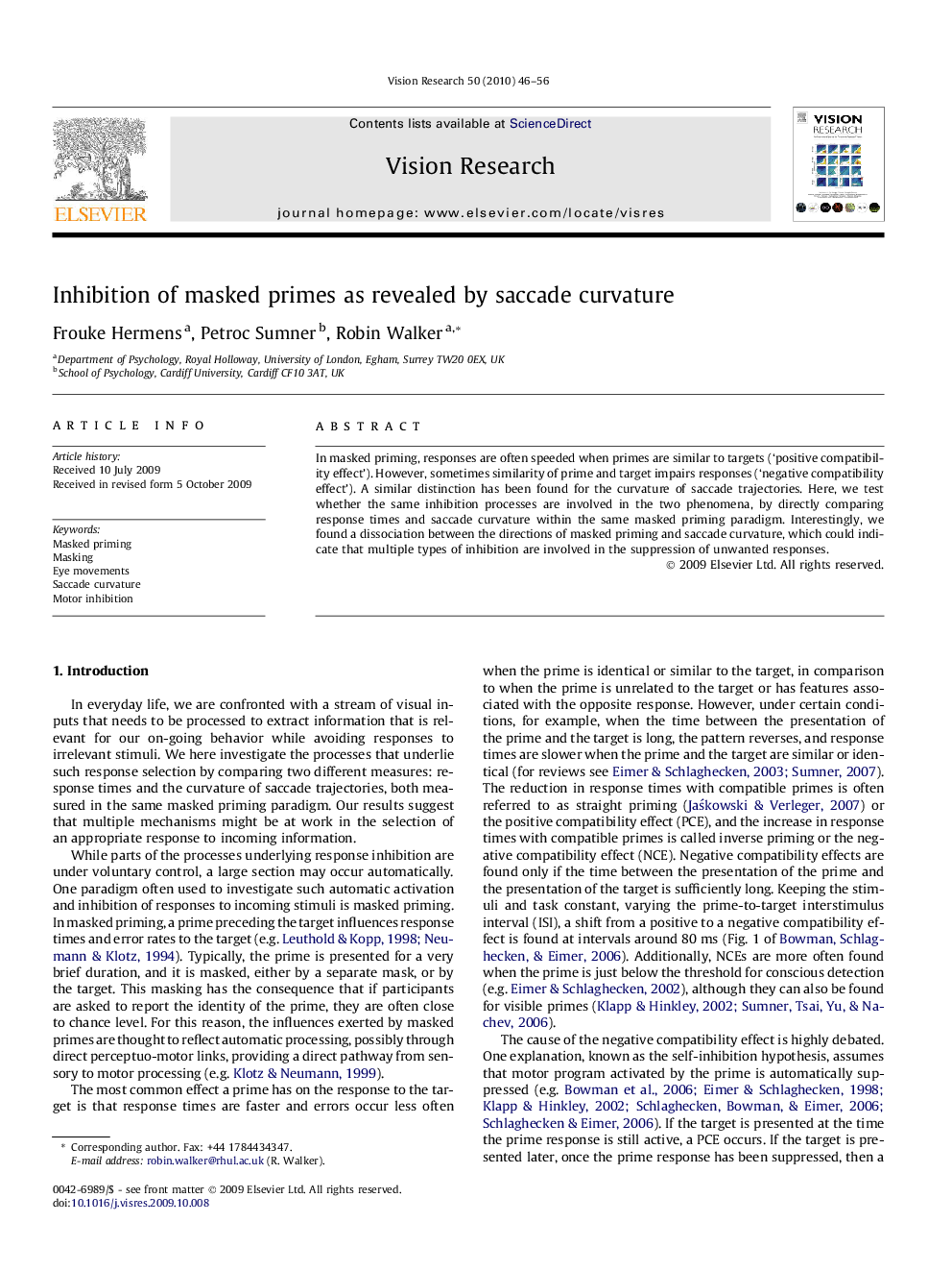 Inhibition of masked primes as revealed by saccade curvature