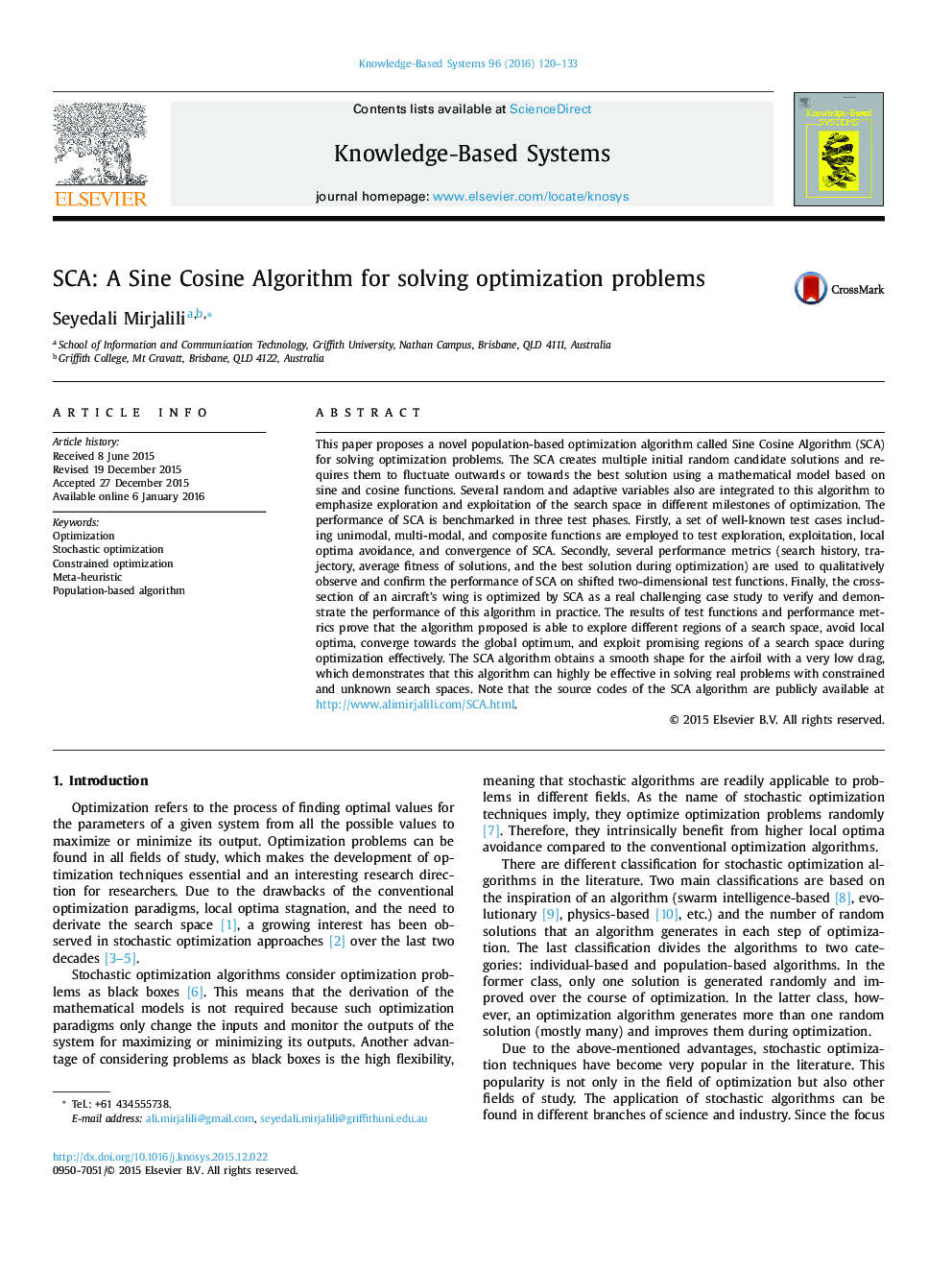 SCA: A Sine Cosine Algorithm for solving optimization problems