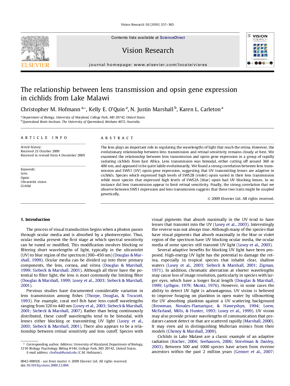 The relationship between lens transmission and opsin gene expression in cichlids from Lake Malawi