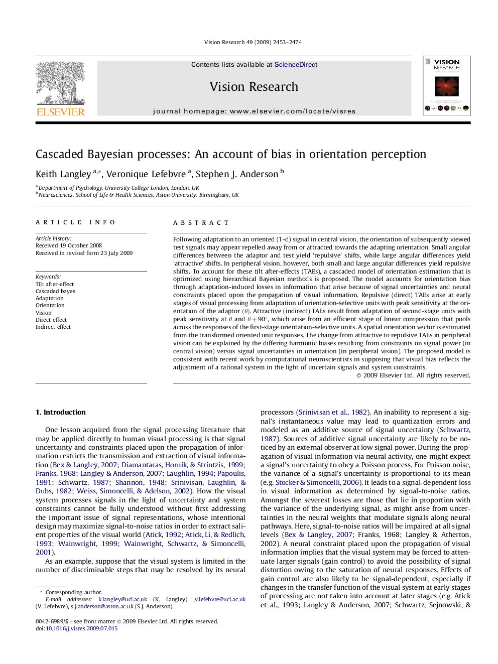 Cascaded Bayesian processes: An account of bias in orientation perception