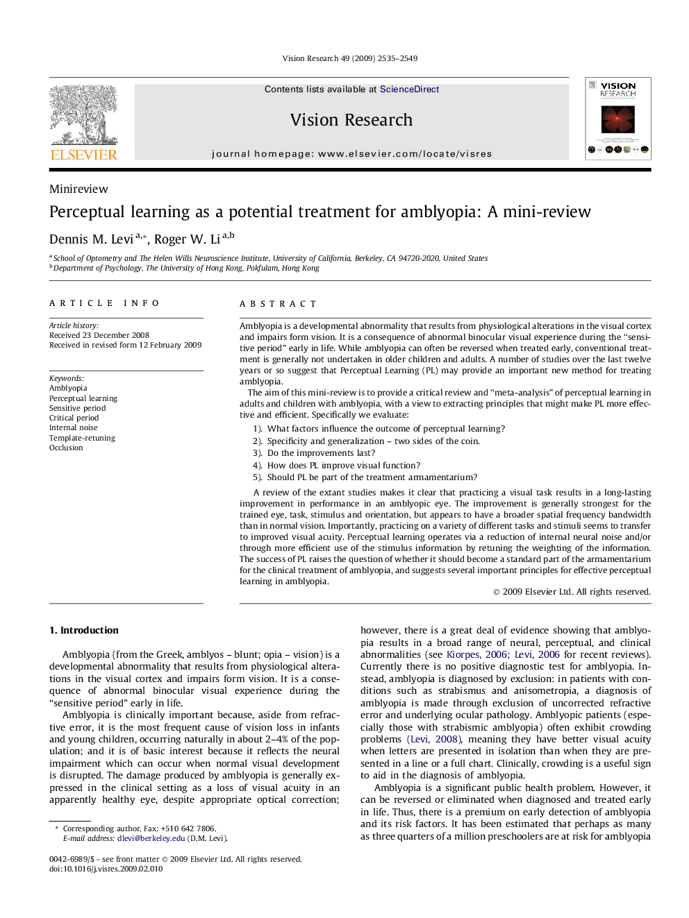 Perceptual learning as a potential treatment for amblyopia: A mini-review