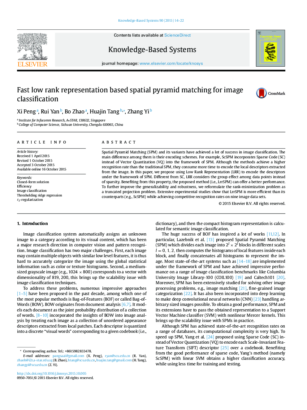 Fast low rank representation based spatial pyramid matching for image classification