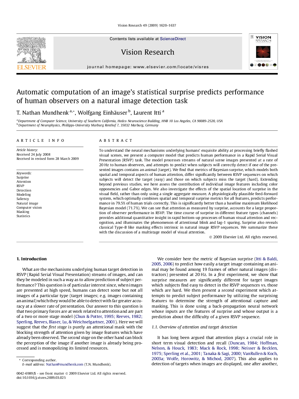 Automatic computation of an image’s statistical surprise predicts performance of human observers on a natural image detection task