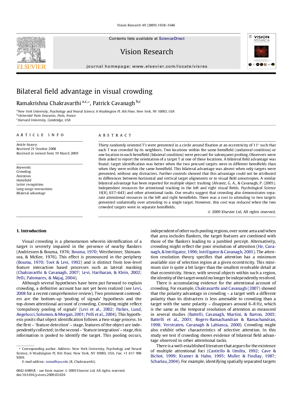 Bilateral field advantage in visual crowding