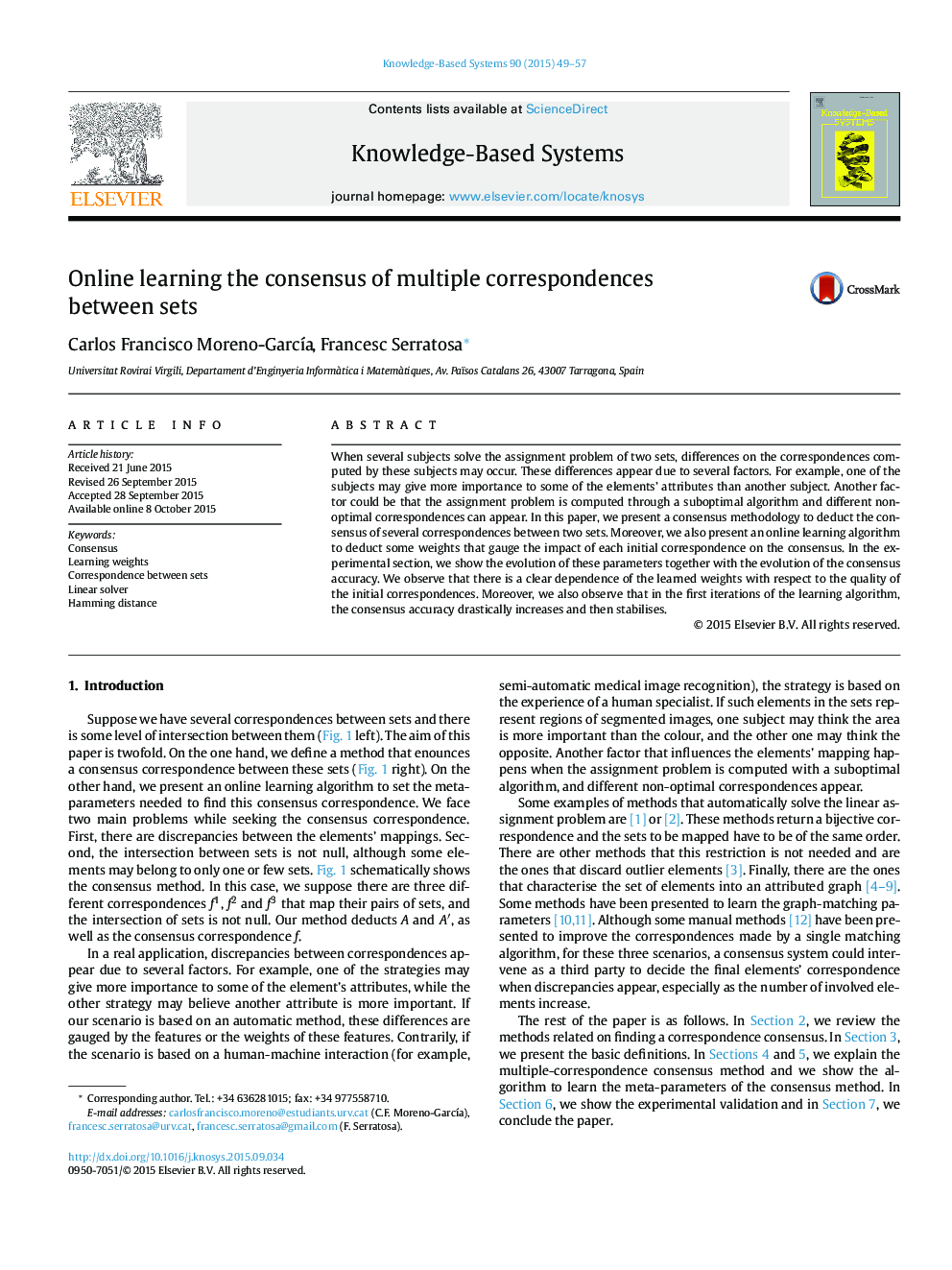 Online learning the consensus of multiple correspondences between sets