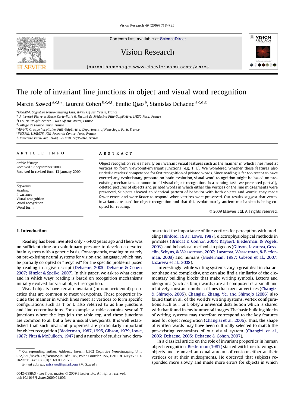 The role of invariant line junctions in object and visual word recognition