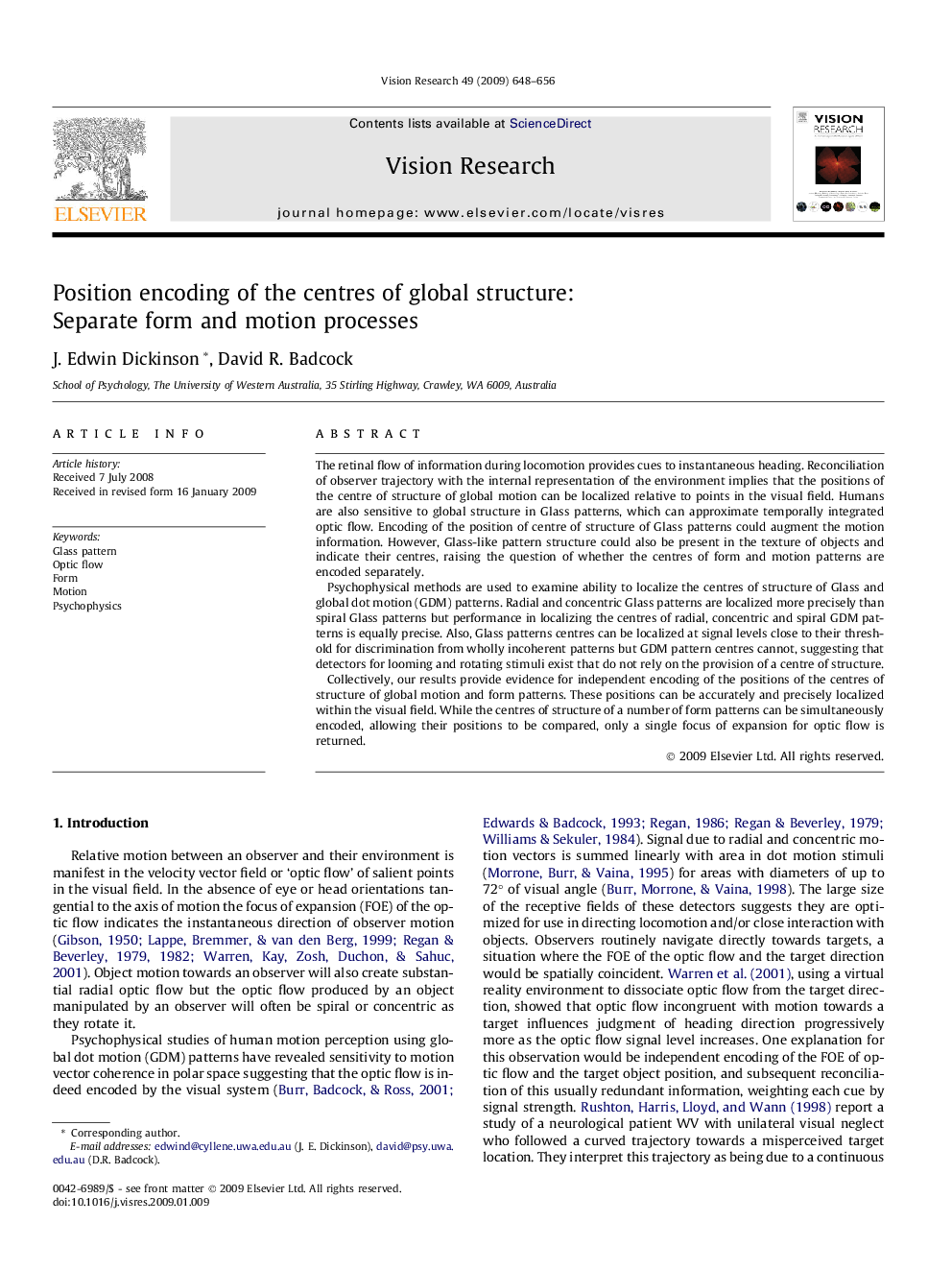 Position encoding of the centres of global structure: Separate form and motion processes