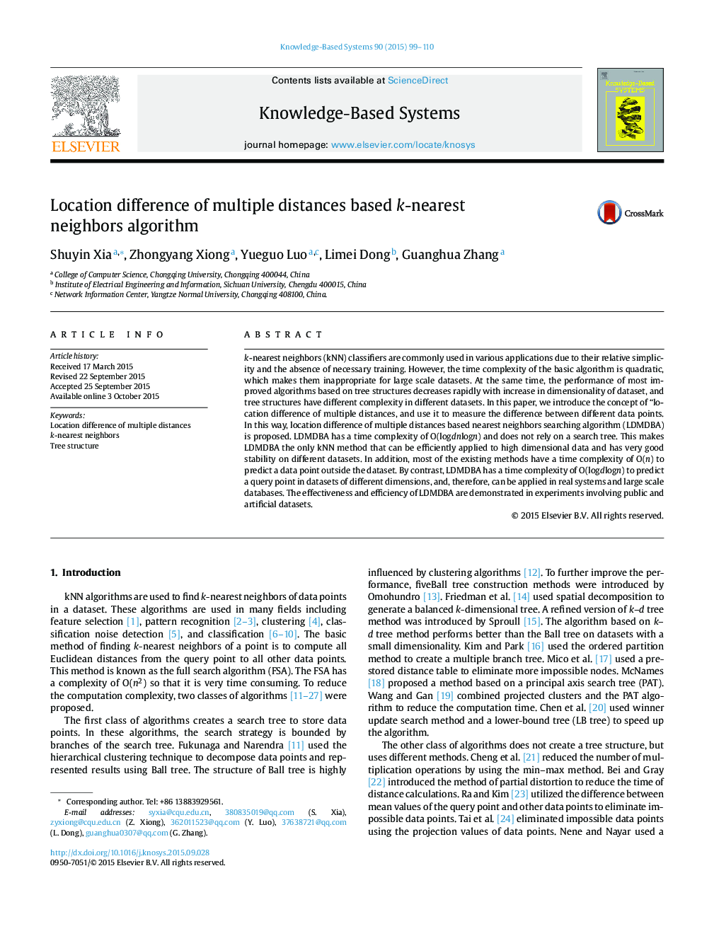 Location difference of multiple distances based k-nearest neighbors algorithm