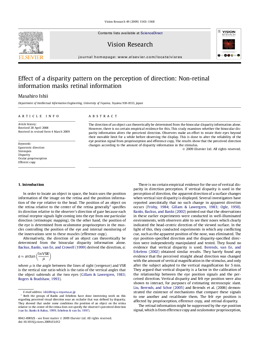 Effect of a disparity pattern on the perception of direction: Non-retinal information masks retinal information