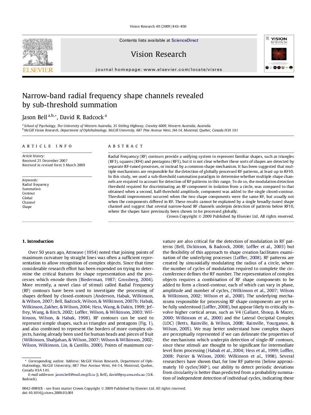 Narrow-band radial frequency shape channels revealed by sub-threshold summation