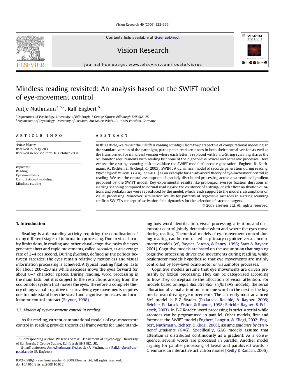 Mindless reading revisited: An analysis based on the SWIFT model of eye-movement control