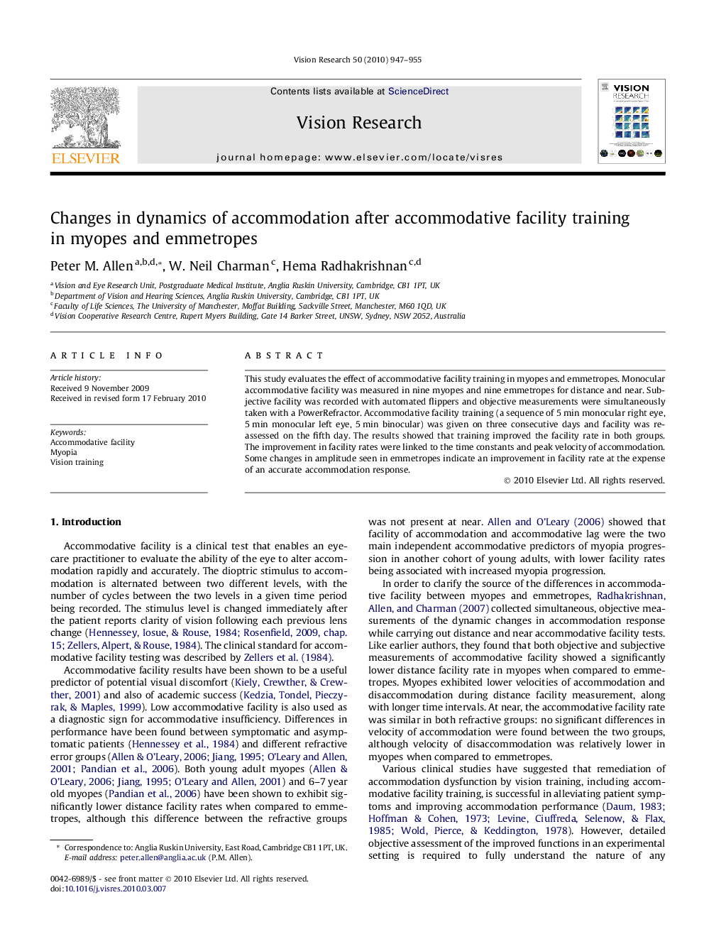 Changes in dynamics of accommodation after accommodative facility training in myopes and emmetropes